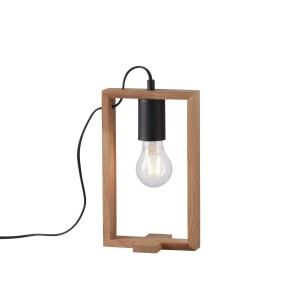 Moderná nočná lampa s dreveným rámom a žiarovkou.