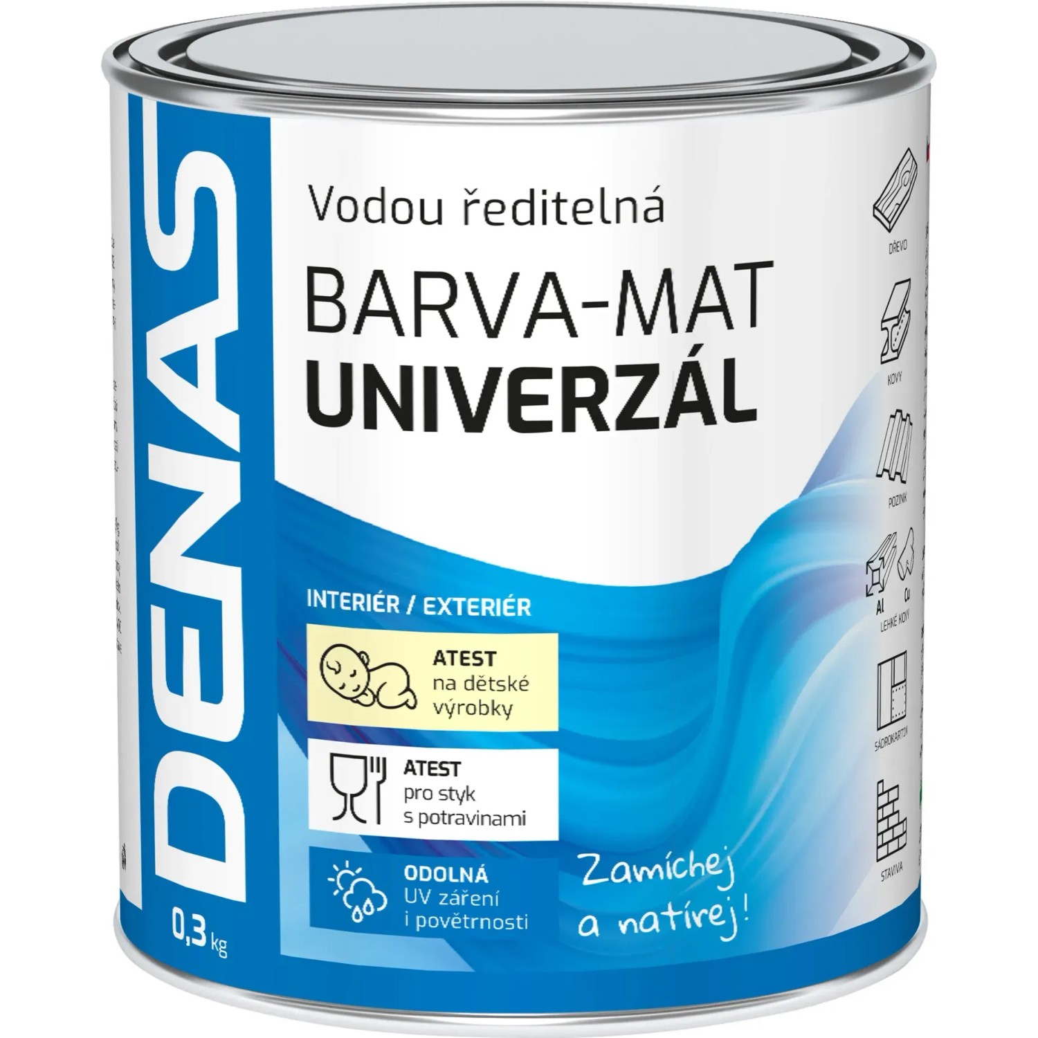 E-shop Denas Vrchná farba na drevo, kov a betón Univerzál-mat, 0100 biela, 300 g