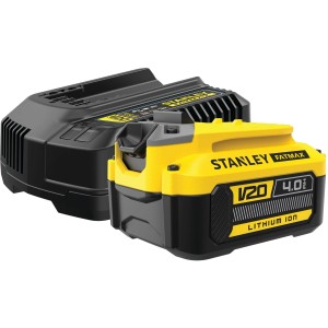 Štartovacia súprava Stanley Fatmax V20 s 18V 4Ah batériou a nabíjačkou pre elektrické náradie.