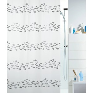 Sprchový záves Spirella Shore, 180x200 cm, strieborný vzor rýb. Bez PVC.