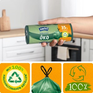 Swirl vrecia na odpad 35 l, 12 ks, so sťahovacou šnúrkou, odolné proti roztrhnutiu a z recyklovaného materiálu.