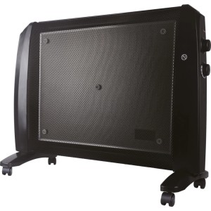 Čierny ohrievač vĺn Harstad 1 500 W s kolieskami a termostatom.