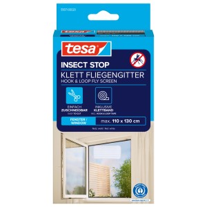 tesa Insect Stop biela sieť proti hmyzu na okno na obale. Ukazuje ochranu proti hmyzu, strihateľná, s páskou na suchý zips.