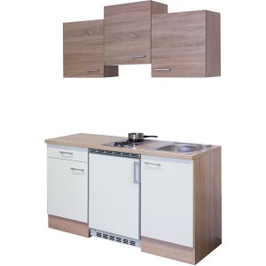 Flex-Well Single kuchyňa Florida, 150 cm, biela/dub Sonoma, s varnou doskou a chladničkou.