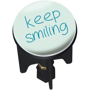 Wenko Zátka umývadla Pluggy Keep Smiling s modrým nápisom na svetlom pozadí.