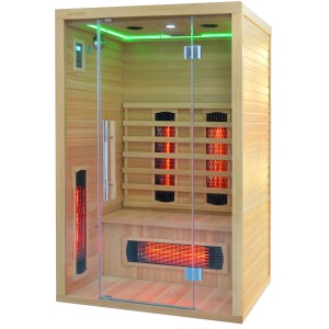 t.b.t. Infračervená sauna so sklenenými dverami a dreveným obkladom.