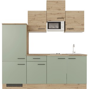 Kuchyňa Flex-Well Cara vo farbe trstinová zelená/dub artisan s elektrospotrebičmi ako chladnička a mikrovlnná rúra.