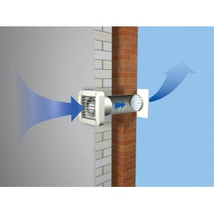 Biely kúpeľňový ventilátor Ø 125 mm so žalúziou a dobehom, namontovaný na stene.
