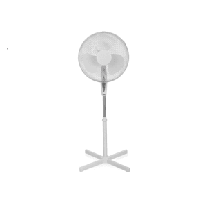 Biely stojanový ventilátor pre príjemný vánok v miestnosti.
