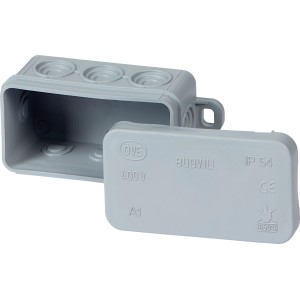 Sivá povrchová montážna krabica 75x45mm, IP54, s otvoreným vekom a možnosťami pripojenia.