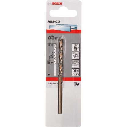 Vrták do kovu Bosch Pro HSS-Co, 5 mm, pre oceľ, nehrdzavejúcu oceľ, sivú liatinu. Dvojzávitový špirálový vrták.