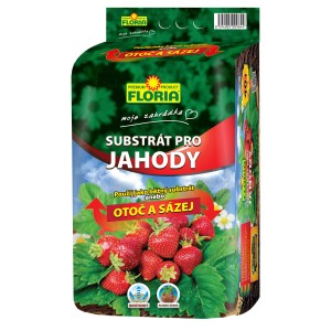 Floria substrát pre jahody, balenie s jahodami a listami.
