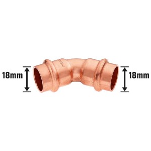Medené lisované koleno, 45 stupňov, priemer 18 mm pre sanitárne, solárne a vykurovacie systémy.