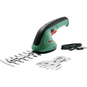 Akumulátorové nožnice na trávu a kríky Bosch EasyShear s dvomi nožmi a nabíjacím USB káblom.
