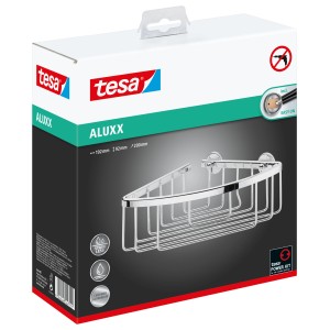 Tesa Aluxx rohový sprchový kôš, chrómovaný hliník, na montáž na stenu bez vŕtania.