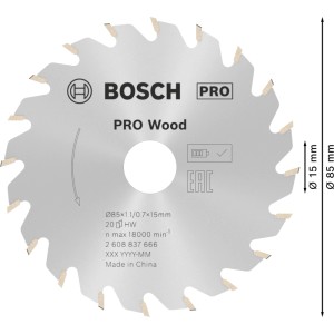 Pílový kotúč Bosch Standard for Wood, 85mm priemer, 20 tvrdokovových zubov pre akumulátorové píly. Na drevo.