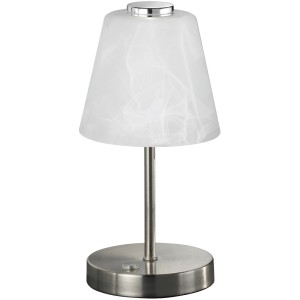 LED stolná lampa Emmy, matný nikel s bielym sklom, nočná lampa s dotykovým stmievačom.