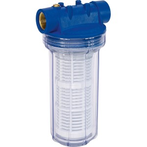 Predfilter pre záhradné čerpadlá a automaty, 2 litre, s modrou hlavou a priehľadným puzdrom.