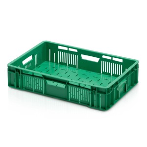Zelený plastový box na zber s úchytmi a vetracími otvormi.