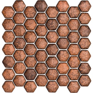 Mozaiková rohož Ebru Hexagon sklo bronz, detail šesťuholníkových mozaikových dlaždíc.