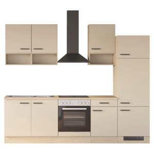 Moderná kuchynská linka Flex-Well Creso 270 cm v kašmírovo matnej farbe s pracovnou doskou dub Provence, rúrou, varnou doskou, digestorom, drezom.