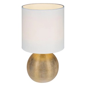 Nočná lampa so zlatou guľovou základňou a bielym látkovým tienidlom.