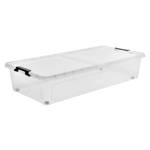Priehľadný úložný box s vekom, ideálny na skladovanie.
