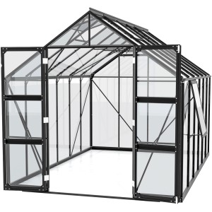 Skleník Vitavia Olymp 9900, 9,9 m², čierny, s otvorenými dvojkrídlovými dverami a základovým rámom.