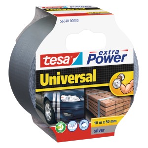 Tesa Extra Power Universal strieborná textilná páska, 10 m x 50 mm, univerzálne použitie.