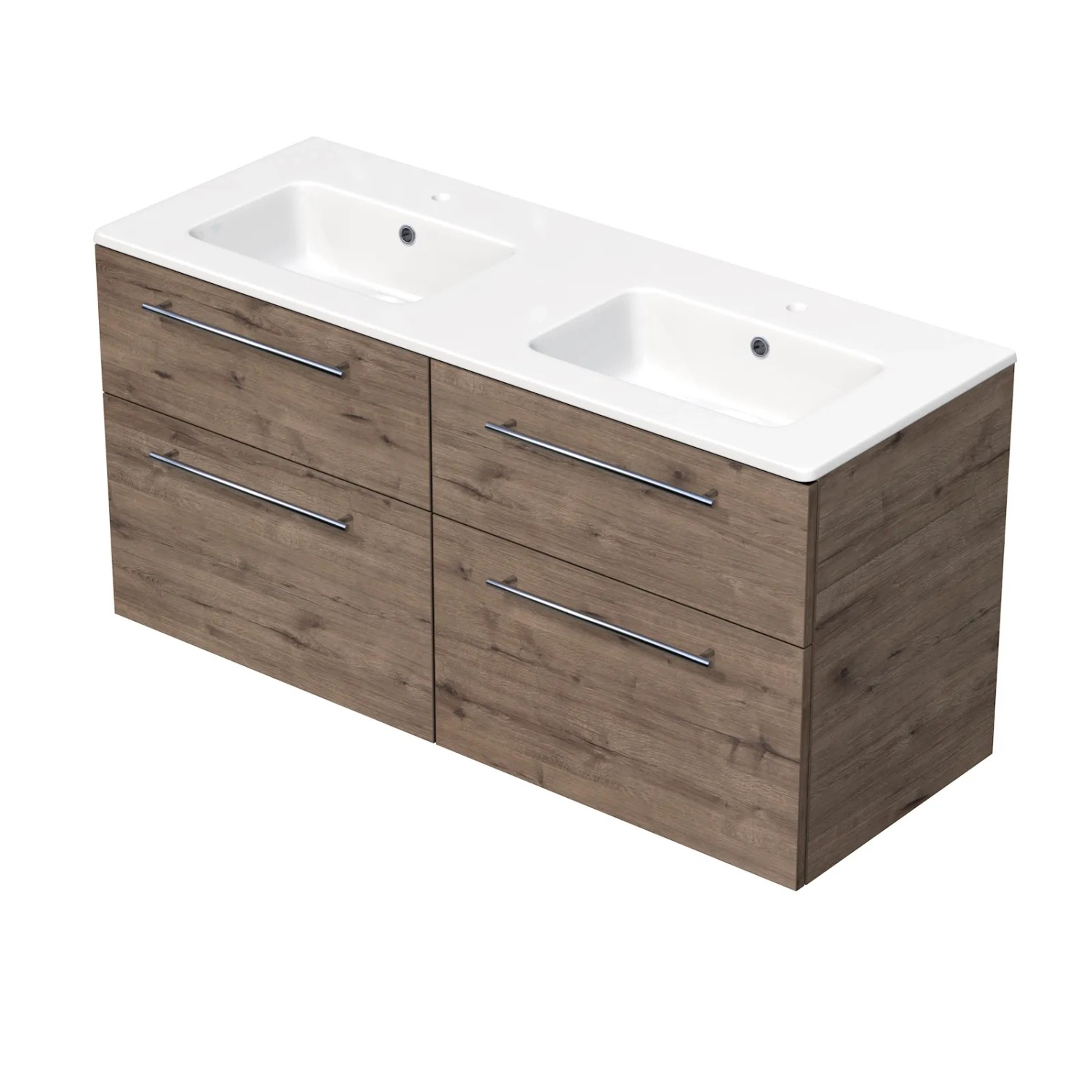 E-shop INTEDOOR Kúpeľ.skriňa+dvojumývadlo BEE, úchyt chróm, 4zás., š. 121cm dub Welling