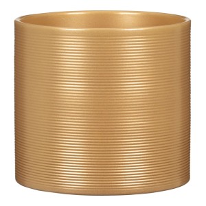 Okrúhly zlatý keramický obal na kvetináč s jemnými vodorovnými drážkami. Obal Pearl Gold pre rastliny.