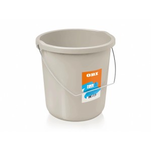 Okrúhle OBI vedro 5 l v farbe greige z plastu s pevnou kovovou rukoväťou, na čistenie.