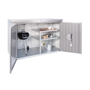 Otvorený záhradný box Biohort HighBoard 200 v kremennej šedej metalíze s grilom a policami.