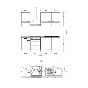 Rozmerový nákres kuchynskej linky Flex-Well Creso 220 cm s rúrou, varnou doskou, drezom, umývačkou, digestorom.
