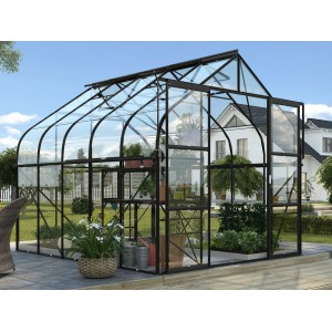 Skleník Vitavia Diana 8300, čierny rám, sklo, plocha 8,3 m² na pestovanie rastlín.