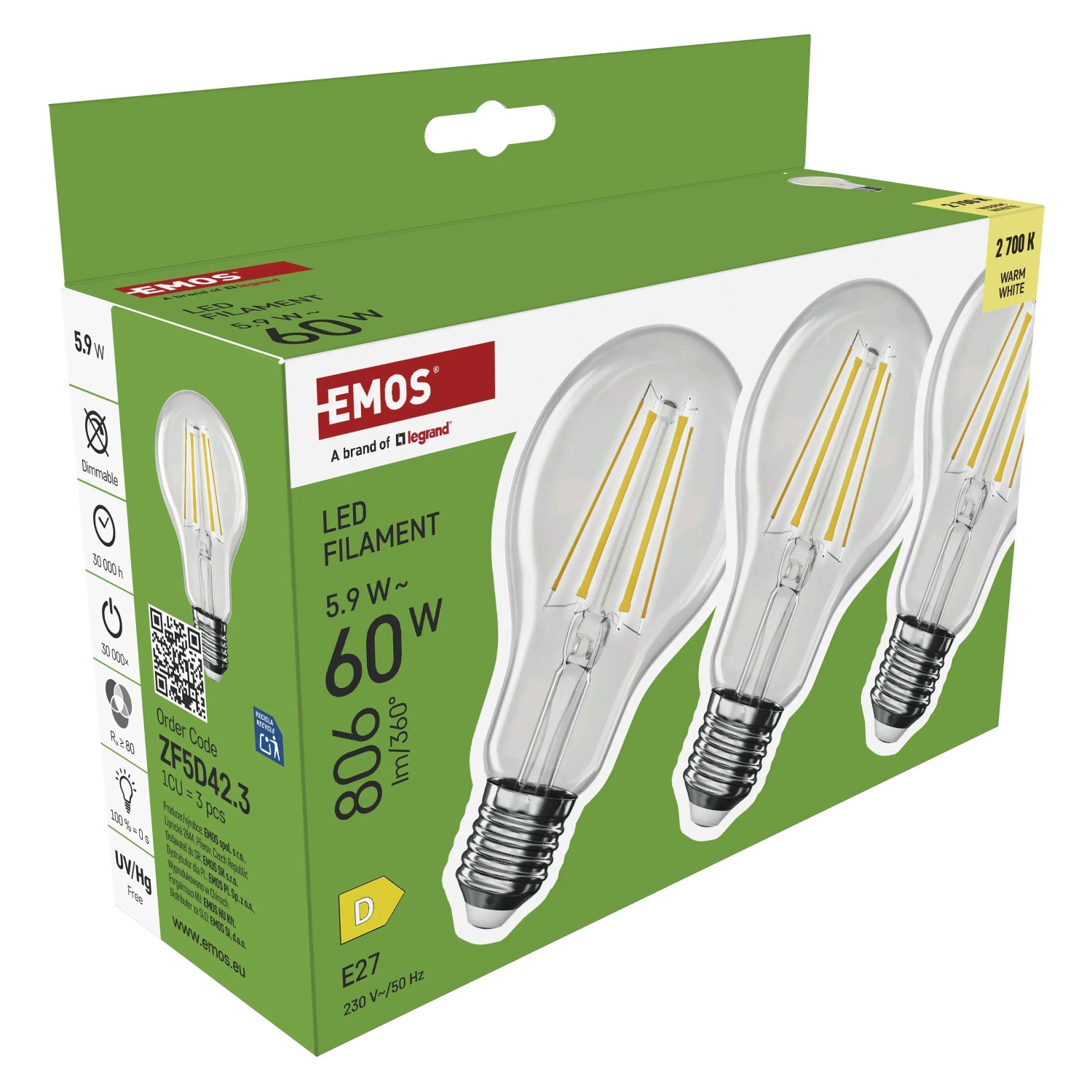 E-shop EMOS LED žiarovka Filament A60, E27, 5,9W (60W), 806lm, 2700K, 3 ks