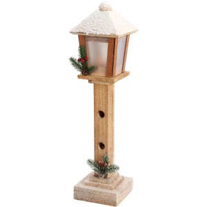 Dekoratívna drevená lampa s LED, výška 52 cm, so snehovou úpravou pre atmosférickú vianočnú dekoráciu.