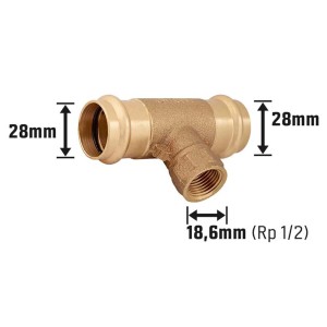 Lisované T-kusy z červeného bronzu 28 mm x 18,6 mm pre medené rúrky v kúrení a sanitárnych zariadeniach.