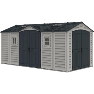 Duramax Apex Pro plastový záhradný domček, 12 m², sivý. Domček s dvojkrídlovými dverami a oknami.