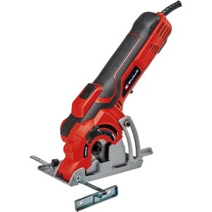 Mini ručná okružná píla Einhell TC-CS 89 v červeno-čiernej farbe s paralelným dorazom.