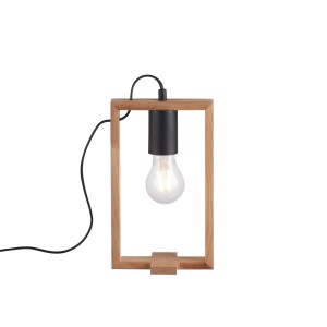 Moderná nočná lampa s dreveným rámom a čiernou hlavou lampy.