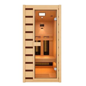t.b.t. Infračervená sauna so sklenenými dverami a dreveným obkladom.