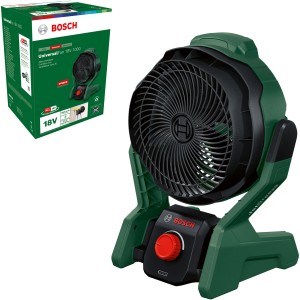 Akumulátorový ventilátor Bosch UniversalFan 18V-1000 Solo, zelené puzdro s čiernym rotorom a červeným gombíkom.