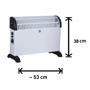 Konvektor Idala 2 000 W, biely elektrický ohrievač s čiernou základňou a termostatom, rozmery sú vyznačené.