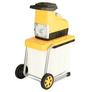 Žltý záhradný elektrický drvič s nádobou na zber a kolieskami.