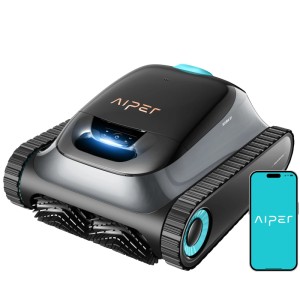 Bazénový robot Aiper Scuba S1, čierny, s pásovým pohonom a ovládaním cez aplikáciu na smartfóne.