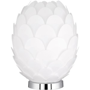 Trio stolná lampa Choke chróm, nočná lampa s bielym tienidlom v tvare kvetu a chrómovou základňou.