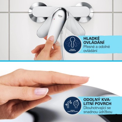 Grohe QuickFix Start vaňová batéria: Detail hladkého ovládania a odolného povrchu.