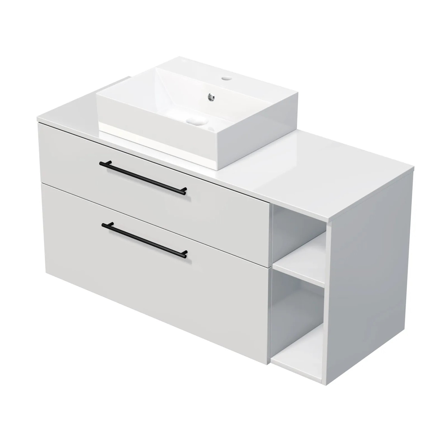 E-shop INTEDOOR Kúpeľ.skriňa+umývadlo BEE, úchyt čierny, 120cm, regál vpravo biela lesk