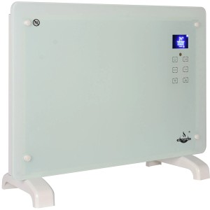Biely sklenený konvektor El Fuego 1500 W s LCD displejom, stojaci.